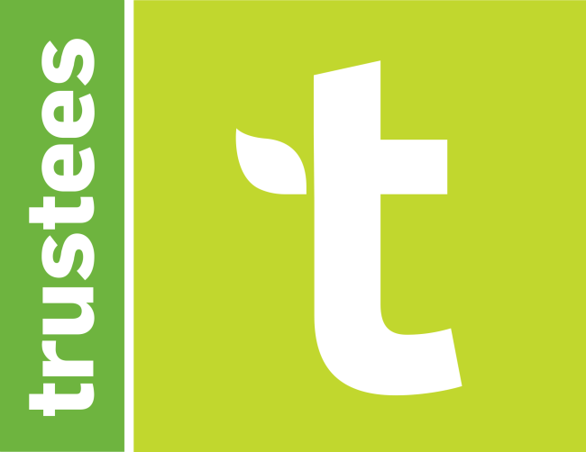 The Trustees logo, green background, lowercase t with a leaf on the left.